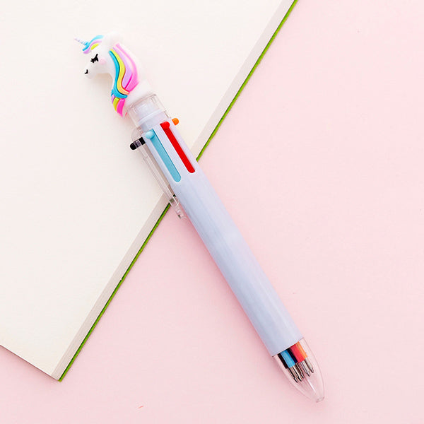 Kawaii Multicolor Ballpoint Pens 6-in-1, Unicorn / Pale Blue