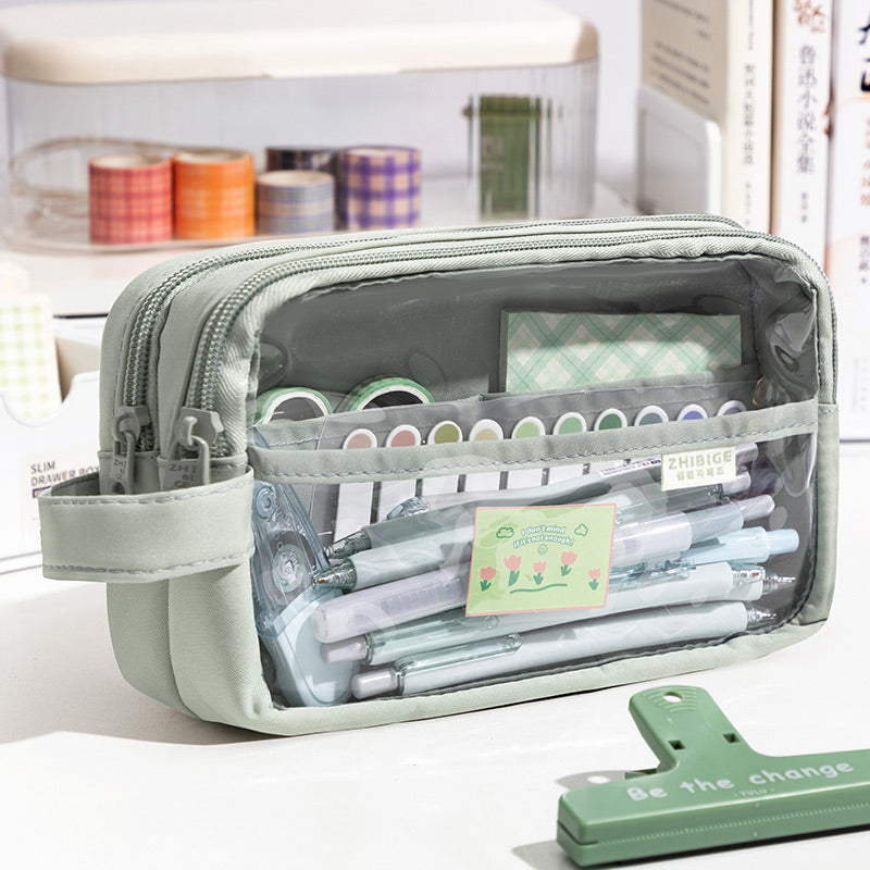 Large Clear Double Zipper Pencil Case, Green