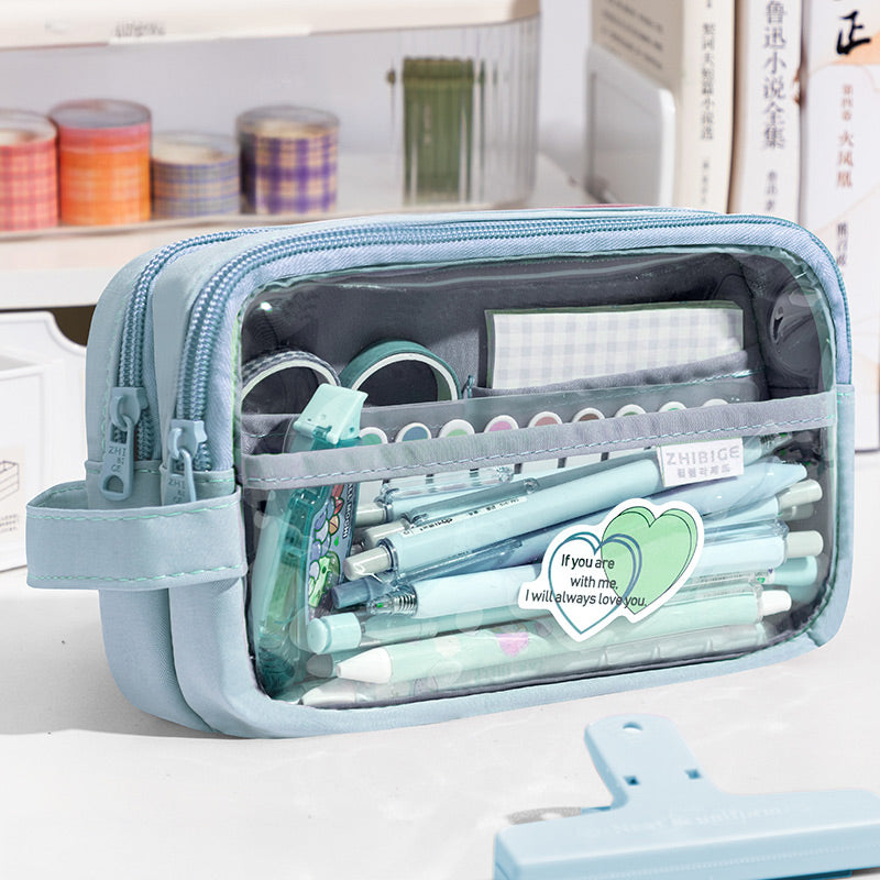 Large Clear Double Zipper Pencil Case, Blue