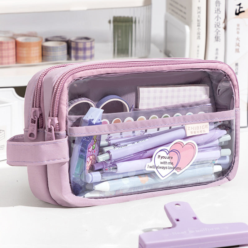 Large Clear Double Zipper Pencil Case, Purple