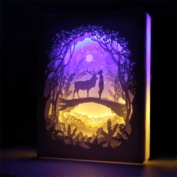 Paper Cut Shadow Box 2nd Generation, Deer with Girl / Plastic Frame (Clear)