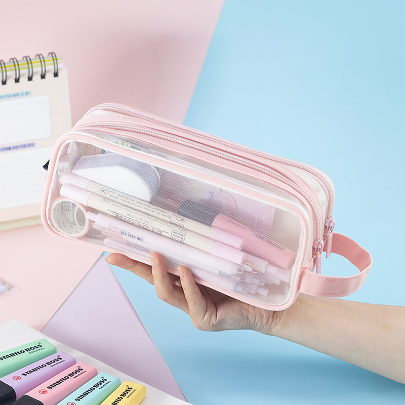 Clear Cute Pencil Case Kawaii Pencil Case Multi-Layer Aesthetic Pencil  Pouch Marker Case Holder Storage Bag (Beige)