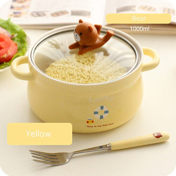 Cartoon Animal Ceramic Bowl with Glass Lid - Perfect for Kids - Kyoot  Kitchen