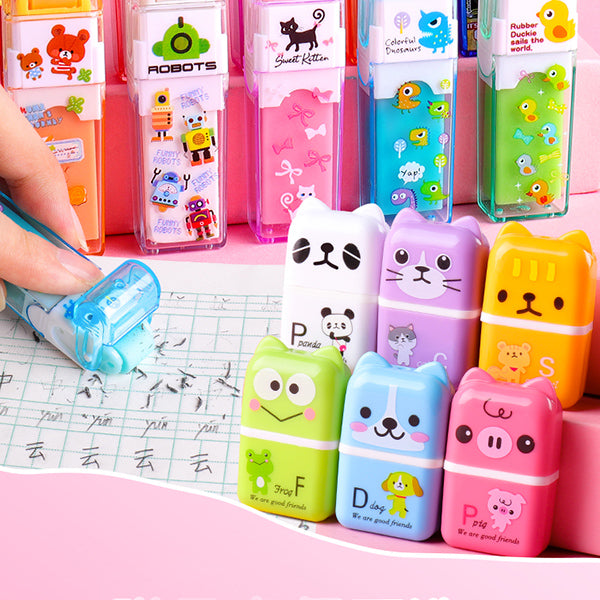 6pcs Cute Animal Pencil Eraser Cartoon Small Roller Erasers Rubber  Stationery Supplies for Office School Children Students