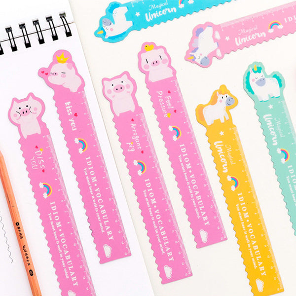 Vector set with cute measuring rulers. Kawaii collection in flat