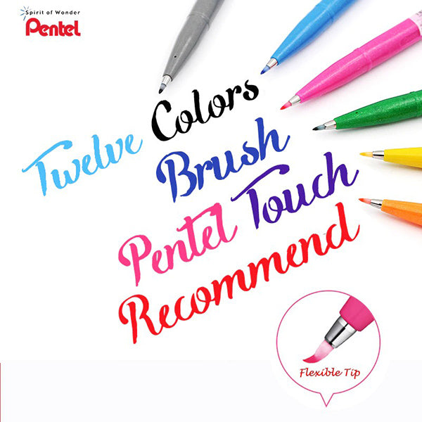 12pcs/lot Japan Pentel Touch Brush Sign Pen Soft Nib Colorful