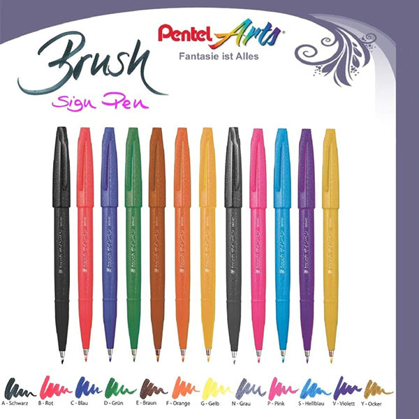 Pentel Fude Touch Sign Pen 6 Color Set