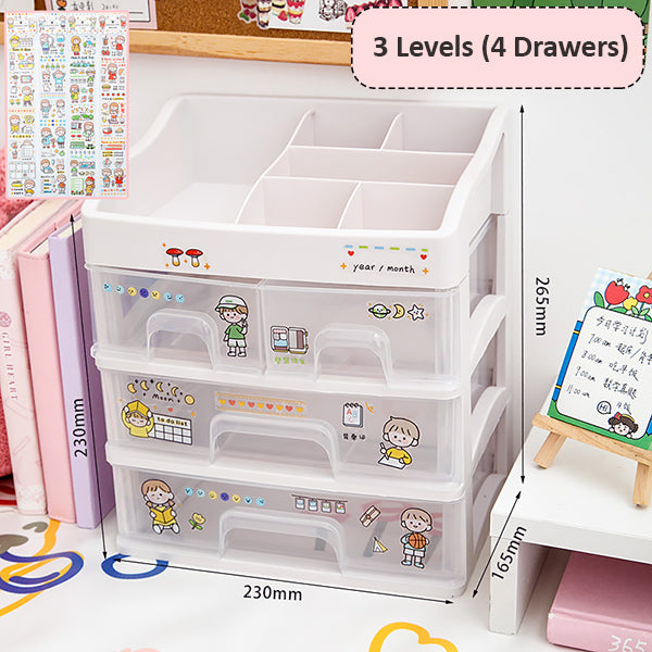 Kawaii Desktop Drawer Storage Box With Sticker Cute Plastic Clear