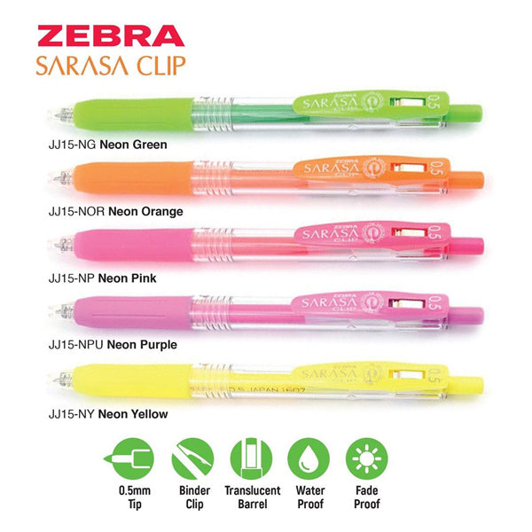  Zebra Sarasa Clip Gel Pen - 0.5 mm - Neon - 5 Color Set
